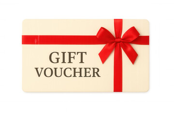 Gift voucher coupon or certificate with red ribbon bow for shopping and sales on transparent background