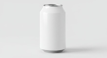 A white aluminum can stands centered on a solid white surface its top and bottom rims silver