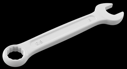 A white angled wrench lies against a stark black backdrop  Features are two different types of wrench ends