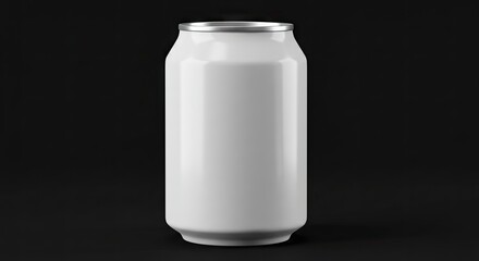 A white aluminum can with a silver rim sits against a solid black background
