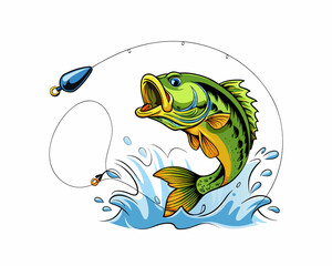 🐟 Cartoon vector illustration of a cute fish in a fishing net underwater in the ocean