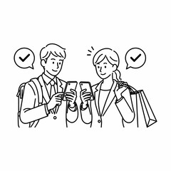 Business People Confirming Transaction or Task on Smartphone Line Art