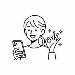 Happy Woman Using Smartphone and Showing OK Sign Line Art