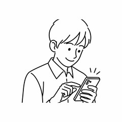 Young Man Happily Using Smartphone Line Art Illustration