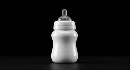 A white baby bottle with a clear nipple set against a dark background