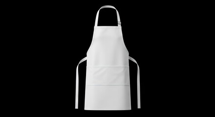 A white apron with a pocket is centered against a black backdrop showcasing its design