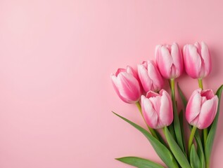 Fototapeta premium Pink tulips flowers on pink background. Greeting Card for Mothers day. 8 March,