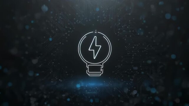Glowing light bulb and lightning bolt symbol set against a dark circuit board pattern