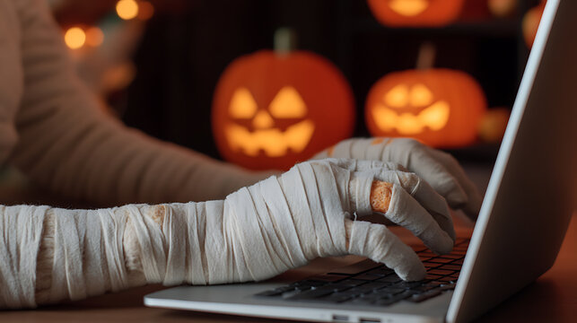 A mummy's hands typing on a laptop in a spooky, Halloween setting with glowing jack-o'-lanterns in the background. Festive and fun, celebrating Halloween night online.