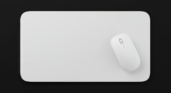A white wireless mouse on a white mousepad set against a dark background