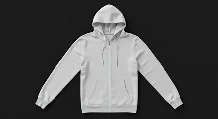 A white zipup hoodie with a hood laid out on a black surface