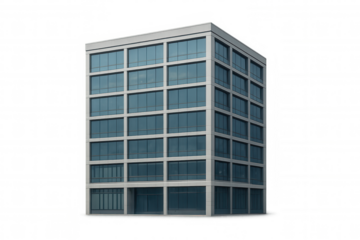 Modern office building facade featuring grid patterns, glass windows, and architectural design on transparent background