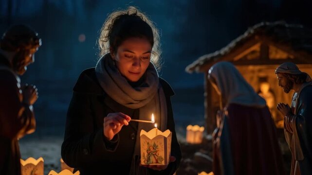 Woman lighting candle in outdoor nativity setting at night