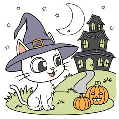Cute halloween kitten wearing a witch hat with pumpkins and haunted house coloring page