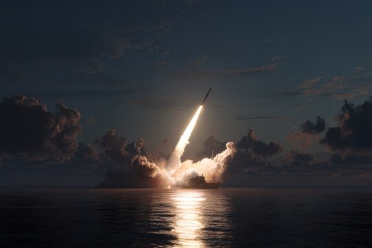 Guided missile launching from ocean surface with dramatic clouds and sunset reflections