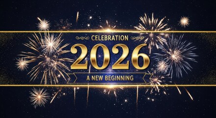 Golden 2026 Celebration with Dazzling Fireworks on a Sparkling Midnight Blue Background