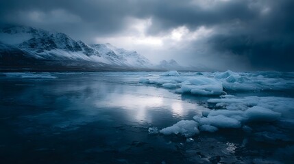 Obraz premium Dramatic winter scene of an arctic landscape with snow capped mountains and icebergs floating in the cold reflective sea under a cloudy sky