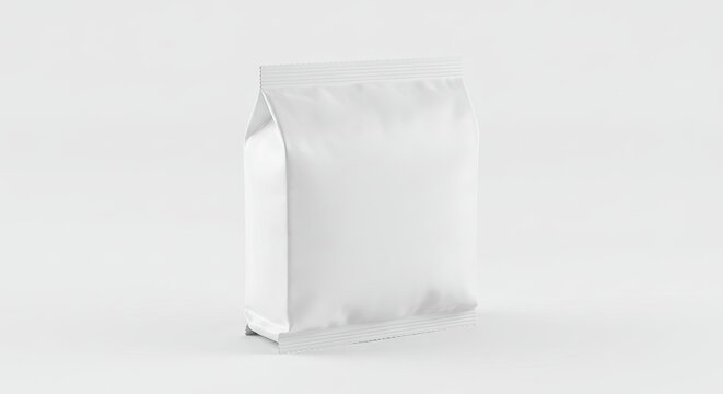 A white rectangular sealed bag stands on a white surface with subtle shadows lit by even lighting