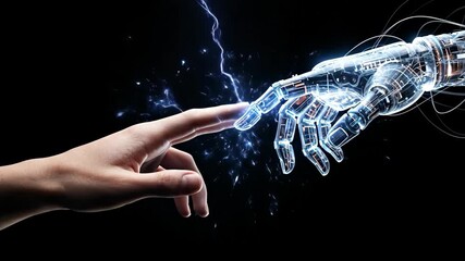 Human hand fingertip touching cyber robotic hand glowing with blue light, symbolizing artificial intelligence connection animation - Powered by Adobe