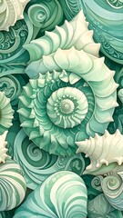 Artistic rendering of seashell spirals in shades of teal and white