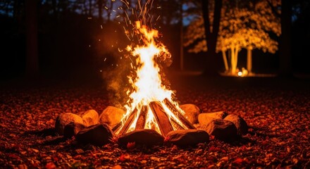 Vibrant Campfire Ignites Autumn Night with Dancing Flames and Scattered Embers Amidst Forest Shadows