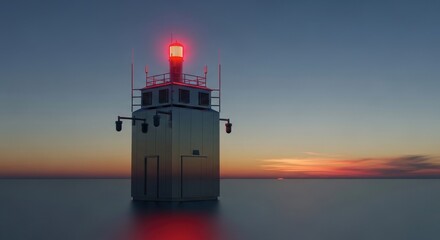 Seaside lighthouse with vibrant red light at sunset for coastal maritime designs