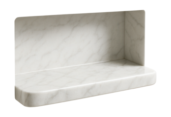 A wall-integrated marble shelf for displaying premium bath essentials.