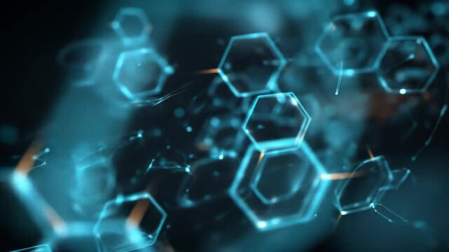 Abstract digital hexagon pattern in glowing blue on a dark background