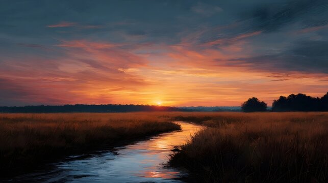 A winding river flows through golden fields under a vibrant and colorful sunset sky - Powered by Adobe