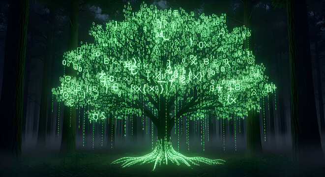 Mystical glowing data tree in a dark forest symbolizes technology, nature, and digital transformation