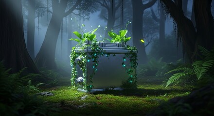 Mysterious overgrown stone archway in a misty enchanted forest