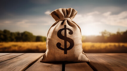 Money Bag on Wood Table Financial Success and Abundance Concept