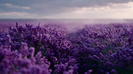 Obraz premium A vast field of purple lavender stretches towards the hazy horizon under a twilight sky creating a serene and aromatic natural landscape