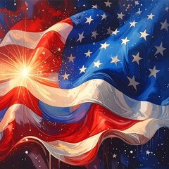 Artistic rendering of the American flag with bright, radiant light