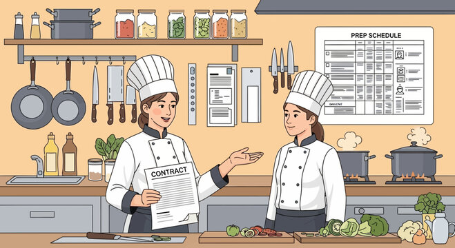 Culinary collaboration: Restaurant chefs negotiate contract in busy kitchen environment