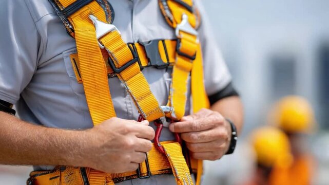 Safety First: A worker meticulously fastens his safety harness, ensuring maximum protection for his well-being amidst a backdrop of potential construction hazards.