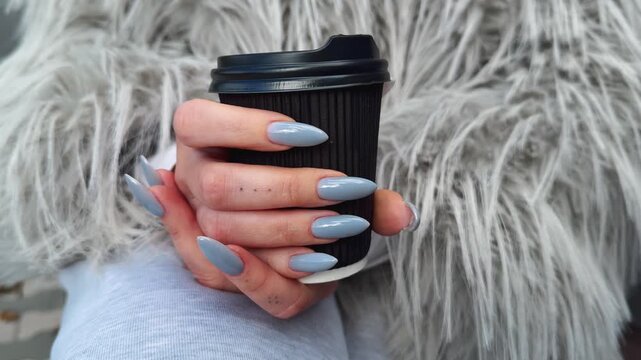 A girl with long nails and a fluffy fur coat drinks coffee while sitting on a bench outside.
A woman's hand holds a cup of hot drink while sitting outside on a windy day.