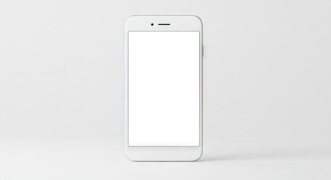 A white smartphone stands centered on a white background screen blank