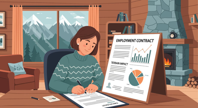 Remote employment opportunity contract signing in a mountain cabin setting