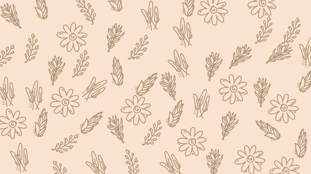 Floral pattern doodles with scattered sketched flowers and foliage on a tan background. Suitable for spring designs and feminine projects.