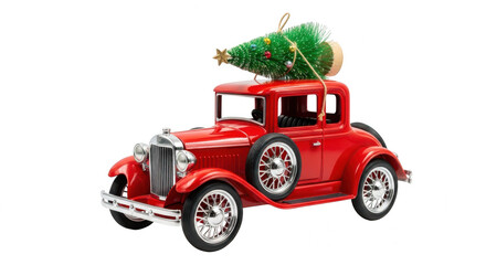 Red vintage car carrying a christmas tree isolated on transparent background
