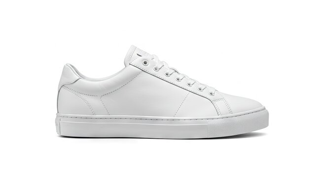 A white leather sneaker with laces is set against a stark white backdrop