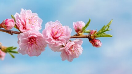 Obraz premium Delicate Peach Blossoms Blooming Against a Soft, Azure Sky Background