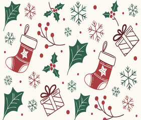 Christmas Seamless Pattern with Stockings, Holly Leaves, Gifts, and Snowflakes