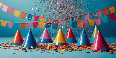 Obraz premium A festive collection of colorful party hats in metallic hues, scattered with confetti and streamers, set against a vibrant blue background, ready for celebration