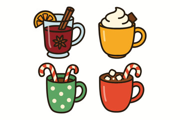 Four festive holiday drinks in mugs with winter decorations and garnishes