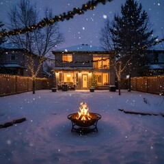 Serene Snowy Backyard with Firelight and Holiday Glow