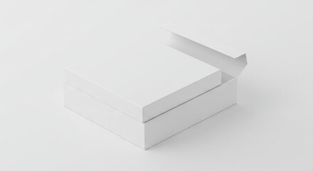 Naklejka premium A white square box sits slightly open on a white surface creating a simple minimalist composition