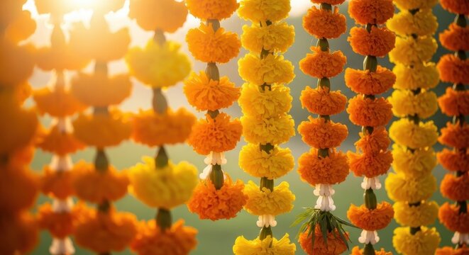 dreamy composition of hanging marigold flower garlands glowing in warm sunlight. layered background for indian festival celebration like diwali. invitation, greeting card. - Powered by Adobe