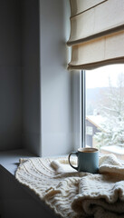 Cozy window nook with cup of tea and warm blanket in winter  